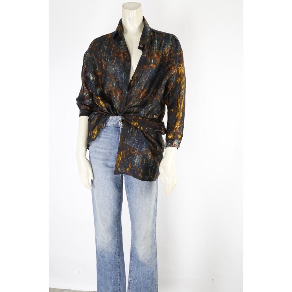 Yavi Button Down Silk Blouse Abstract Painted Designer Top Luxury Size S - Picture 8 of 11